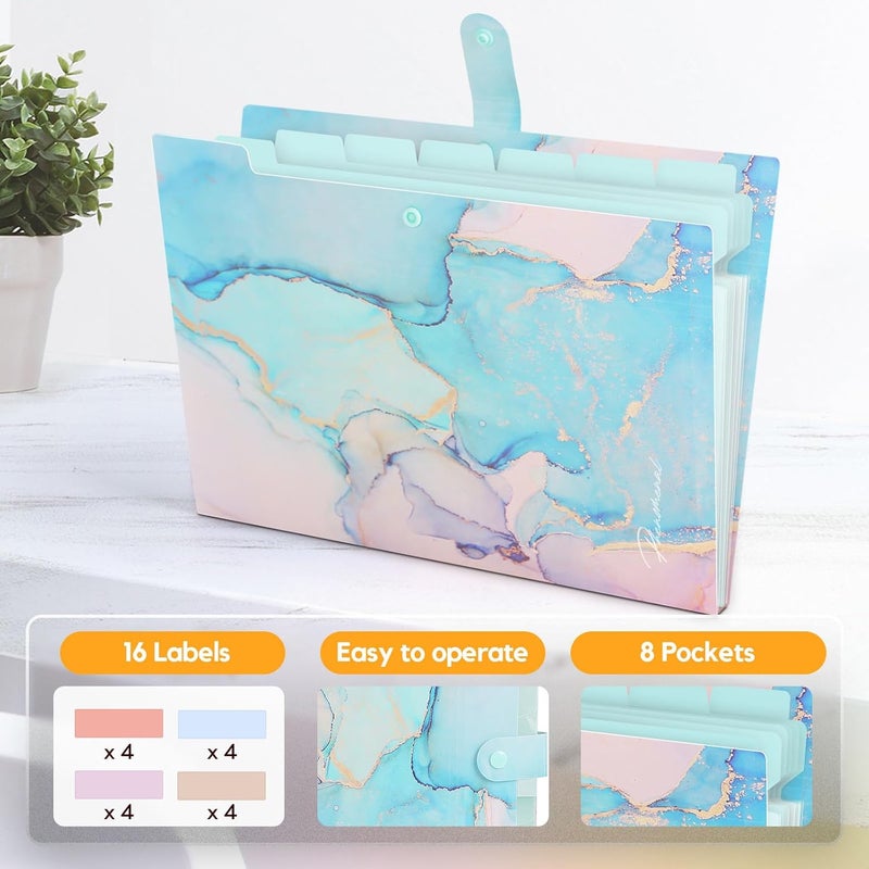 Rihan Expanding File Folder, Folders for Important Documents Organizer, Accordion File Organizer, Aesthetic Folders for School Students, 8 Pockets File Folder for Home Bills (Cyan Gold Marble) - Image 2